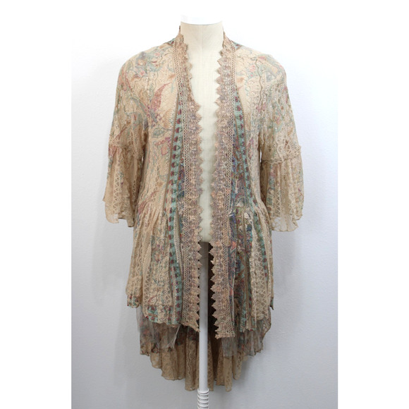 Origami by Vivien Duster Cover Size L Chiffon Sheer Embroidered Boho Tiered - Picture 1 of 10